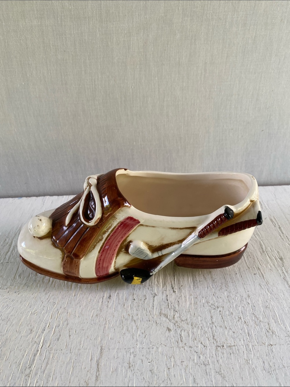 Vintage Ceramic Golf Shoe Planter in Cream and Brown